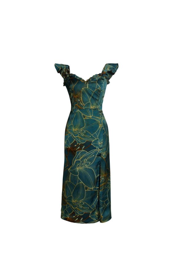 Silky dress with golden print, natural pure silk 100%